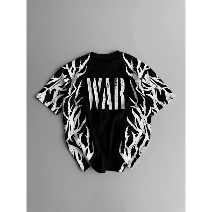 War Baskı Oversize Unisex Tshirt Siyah