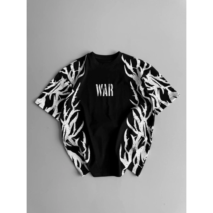 War Baskı Oversize Unisex Tshirt Siyah