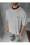 Çizgili SWD Unisex Oversize Tshirt Beyaz
