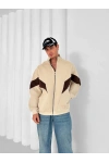 Parçalı Dik Yaka Unisex Oversize Hırka Bej