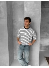 Çizgili SWD Unisex Oversize Tshirt Beyaz