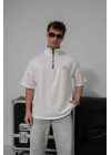 Logo Detay Fermuar Yaka Tshirt Beyaz