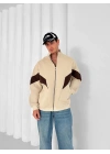 Parçalı Dik Yaka Unisex Oversize Hırka Bej