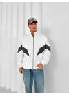Parçalı Dik Yaka Unisex Oversize Hırka Beyaz