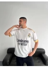 Şeritli Oversize Unisex Tshirt Beyaz
