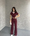 Gömlek yaka crop ve pantolonlu ikili takım