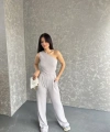 Gofre tek omuz bluz ve pantolonlu ikili takım 3 renk seçeneği