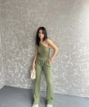 Gofre tek omuz bluz ve pantolonlu ikili takım 3 renk seçeneği