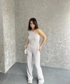 Gofre tek omuz bluz ve pantolonlu ikili takım 3 renk seçeneği