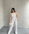 Gofre tek omuz bluz ve pantolonlu ikili takım 3 renk seçeneği