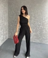 Gofre tek omuz bluz ve pantolonlu ikili takım 3 renk seçeneği