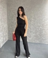 Gofre tek omuz bluz ve pantolonlu ikili takım 3 renk seçeneği