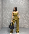 Straplez bluz ve pantolonlu gofre takım