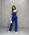 Straplez bluz ve pantolonlu gofre takım