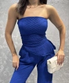 Straplez bluz ve pantolonlu gofre takım