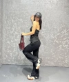 Straplez bluz ve pantolonlu gofre takım