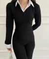 Uzun kol gömlek yaka crop ve pantolonlu ikili takım