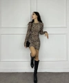 Leopar sırt dekolte detay mini elbise