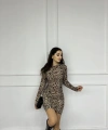 Leopar sırt dekolte detay mini elbise