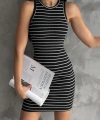 Çizgili halter yaka mini elbise