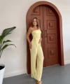 Straplez büzgülü bluz ve pantolonlu ikili takım