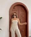 Straplez büzgülü bluz ve pantolonlu ikili takım