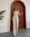 Straplez büzgülü bluz ve pantolonlu ikili takım