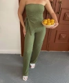 Straplez büzgülü bluz ve pantolonlu ikili takım