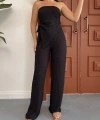 Straplez büzgülü bluz ve pantolonlu ikili takım
