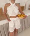 Boyundan bağlamalı keten şortlu takım