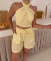 Boyundan bağlamalı keten şortlu takım