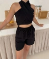 Boyundan bağlamalı keten şortlu takım