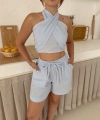 Boyundan bağlamalı keten şortlu takım
