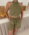 Boyundan bağlamalı keten şortlu takım