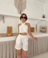Boyundan bağlamalı keten şortlu takım