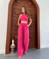 Boyundan bağlama detay bluz ve pantolonlu keten ikili takım