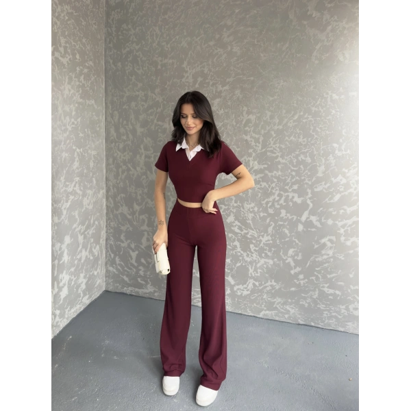 Gömlek yaka crop ve pantolonlu ikili takım