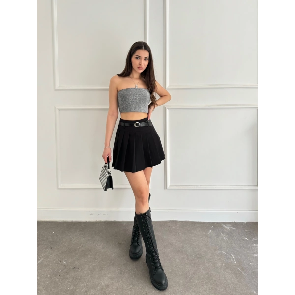 Pileli kemerli şortlu etek