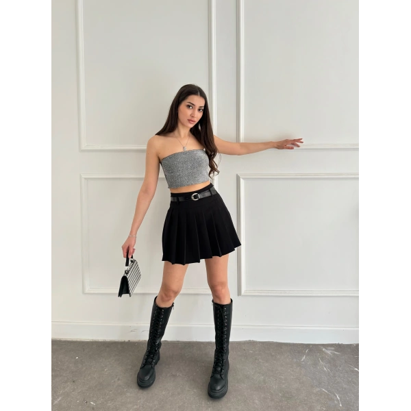 Pileli kemerli şortlu etek