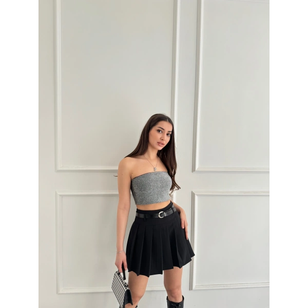 Pileli kemerli şortlu etek