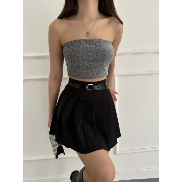 Pileli kemerli şortlu etek