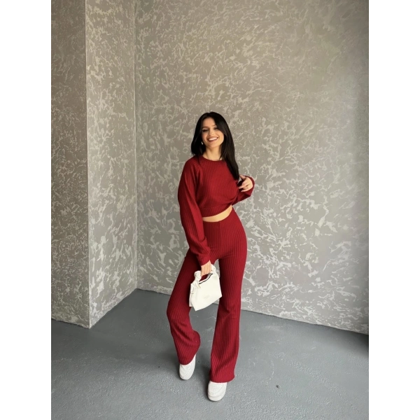 Fitili crop ve pantolonlu triko ikili takım