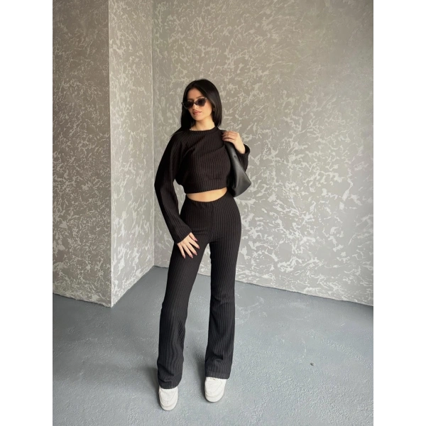 Fitili crop ve pantolonlu triko ikili takım