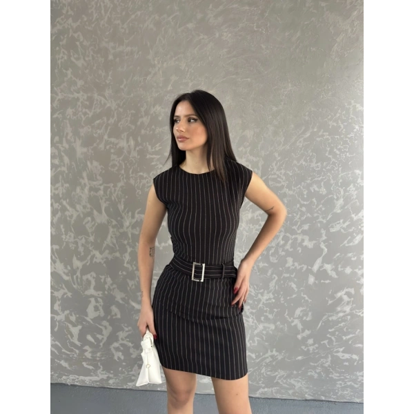 Çizgili Kemer detay mini elbise