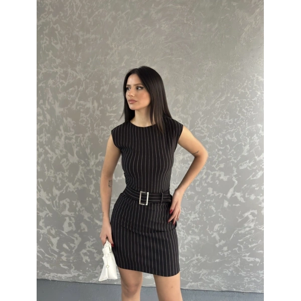 Çizgili Kemer detay mini elbise