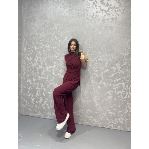 Asimetrik detay bluz ve pantolonlu ikili takım