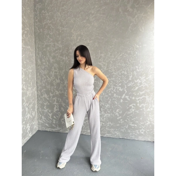 Gofre tek omuz bluz ve pantolonlu ikili takım 3 renk seçeneği
