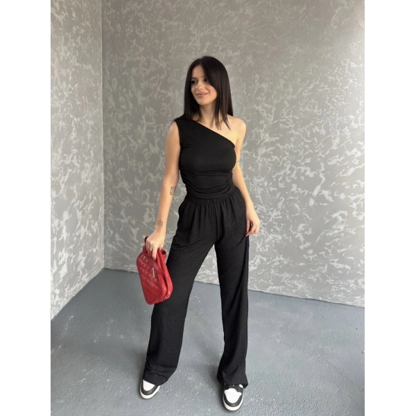 Gofre tek omuz bluz ve pantolonlu ikili takım 3 renk seçeneği