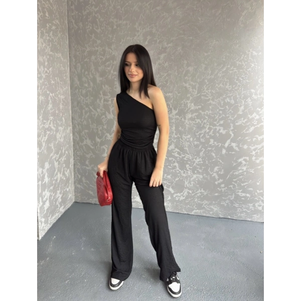 Gofre tek omuz bluz ve pantolonlu ikili takım 3 renk seçeneği