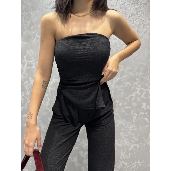 Straplez bluz ve pantolonlu gofre takım
